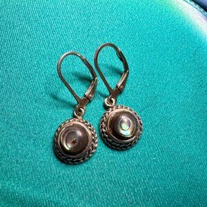 Silver Abalone Shell Dangle Earrings with Textured Frame